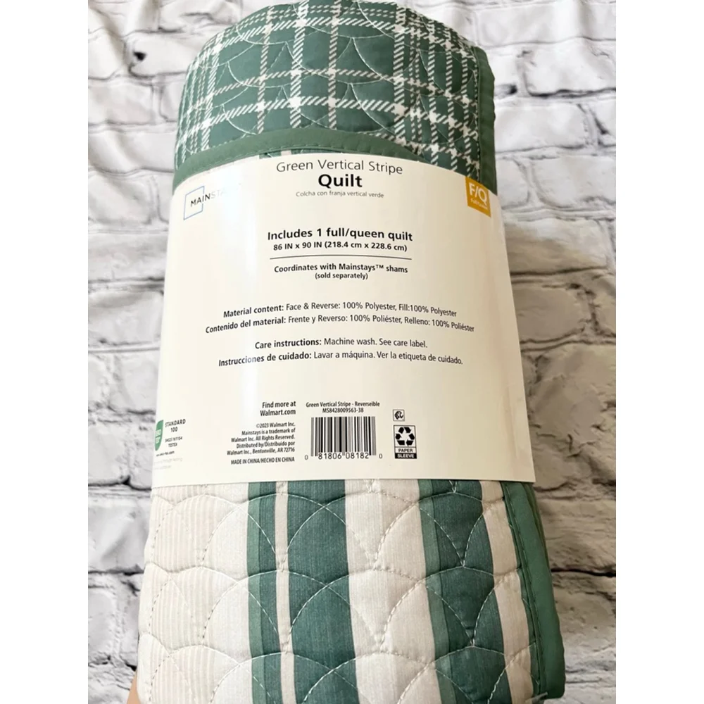 NEW Mainstays Green White Striped Reversible Quilt Full/Queen Bedding